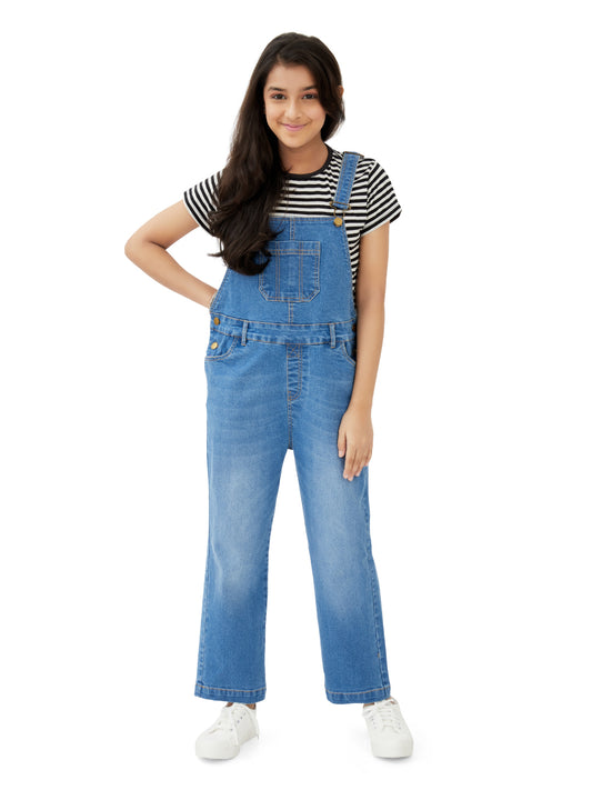 Olele® Girls Full Length Vanilla Denim Dungaree for 4 to 14 Years Kid