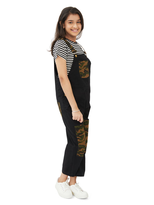 Olele® Girls Labra Cotton Twill Dungaree - Black and Camouflage