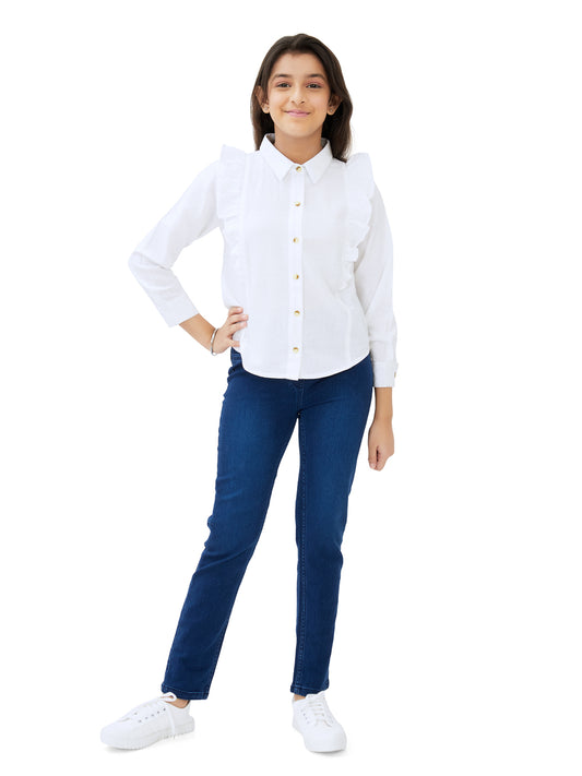 Olele® Girls Regina Full Sleeves Ruffle Shirt - Bright White Cotton