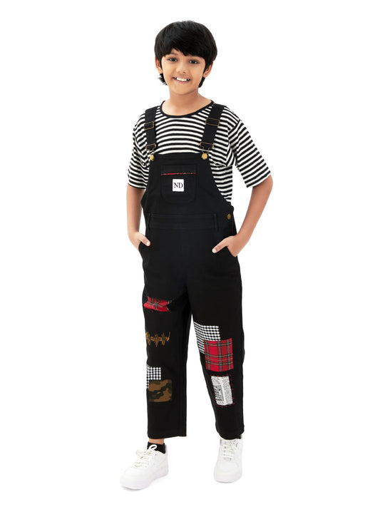 Naughty Dungaree® Full Length BTS Black Patch Work Cotton Dungaree - Boys