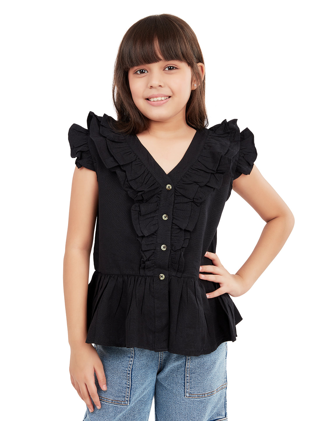 Olele® Girls Victoria Ruffle Top Pure Black Mill Made Cotton