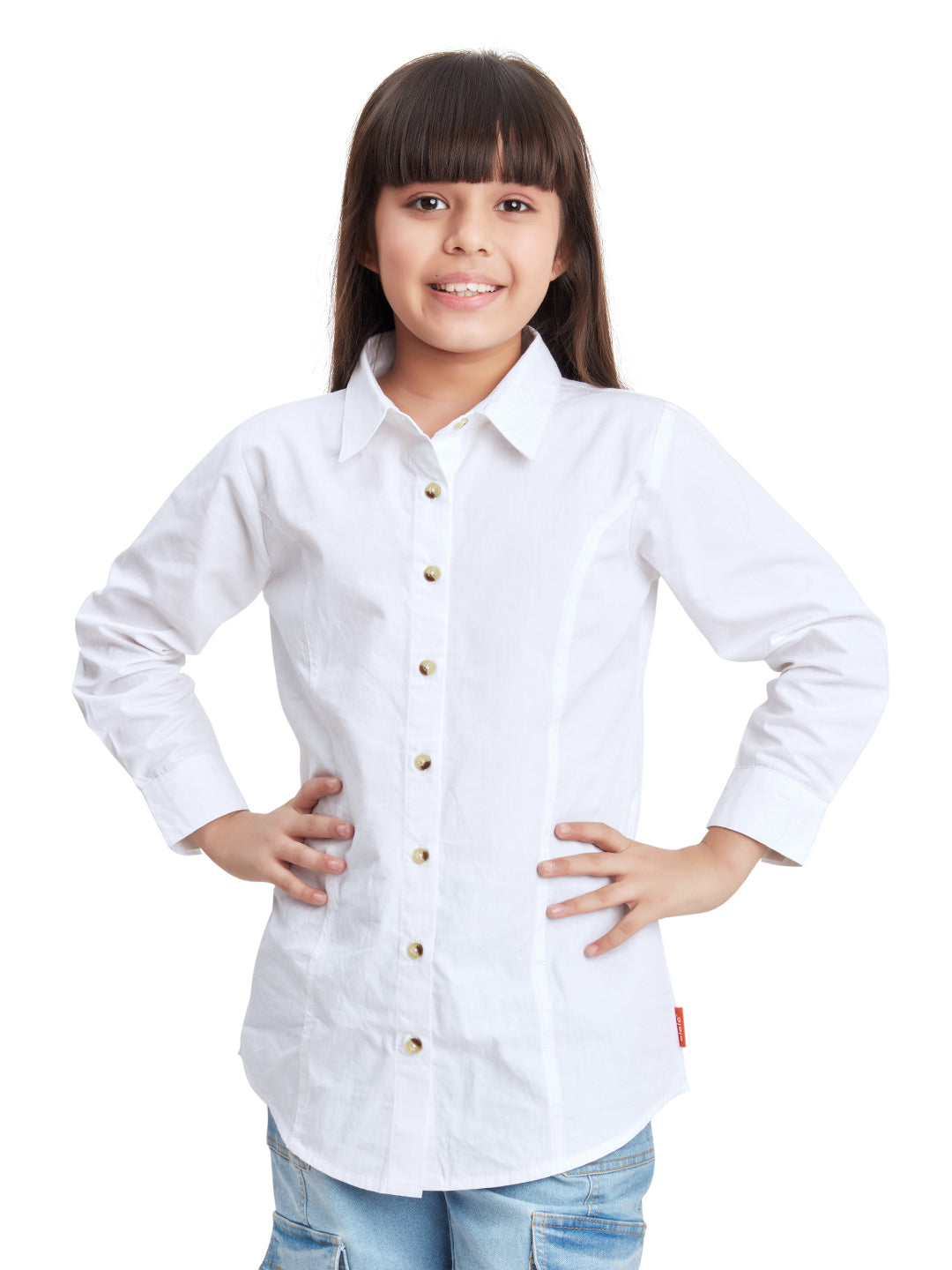 Olele® Girls Whitney White Full Sleeves Button Down Premium Grade Cott