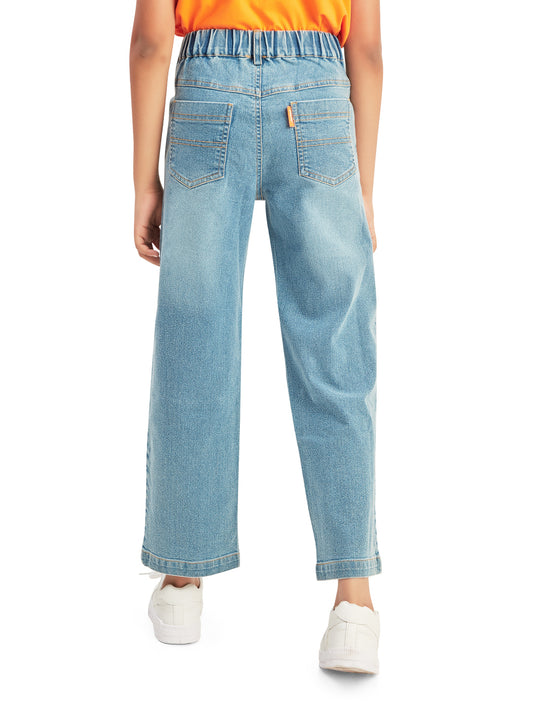 Olele® Boys Cotton Denim Patch Work Regular Fit Jeans Pant - Light Blue