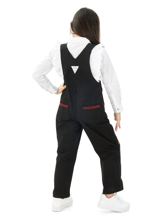 Olele® Full Length BTS Black Patch Work Cotton Dungaree - Girls
