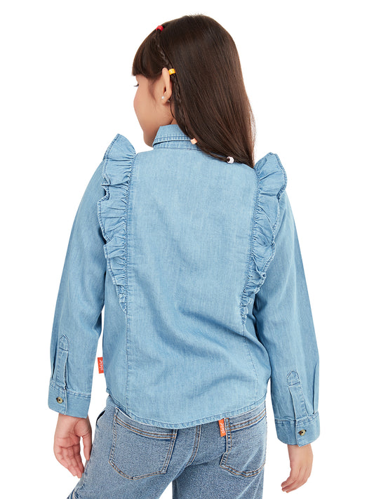 Olele® Girls Regina Full Sleeve Linen Denim Shirt - Light Blue