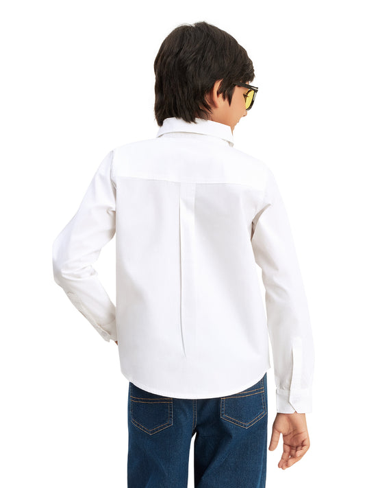Olele® Boys Full Sleeves Button Down Front Pocket Formal Pure Cotton Plain Shirt - Bright White