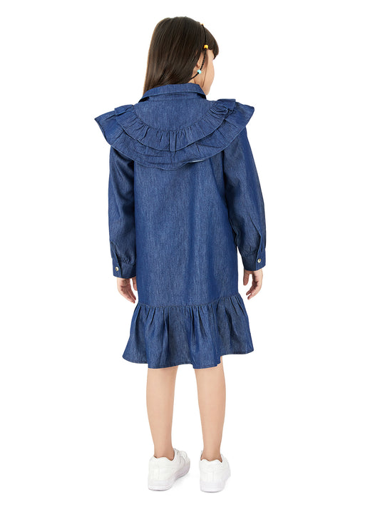 Olele® Girls Victoria Double Layer Ruffle Dress - Light Weight Cotton Denim