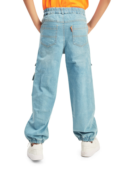 Olele® Boys Cotton Denim 7 Pockets Cargo Joggers Jeans Pant - Light Blue