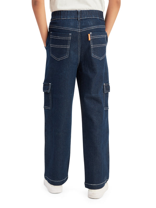 Olele® Boys Cotton Denim Cargo 6 Pockets Pant with Contrast White Thread Stitching - Raw Blue
