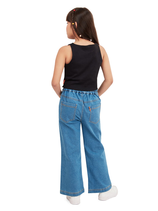 Olele® Girls Windsor Wide Leg Cotton Denim Jeans Regular Fit Stretchable (Elasticated Waist) - Indigo Blue