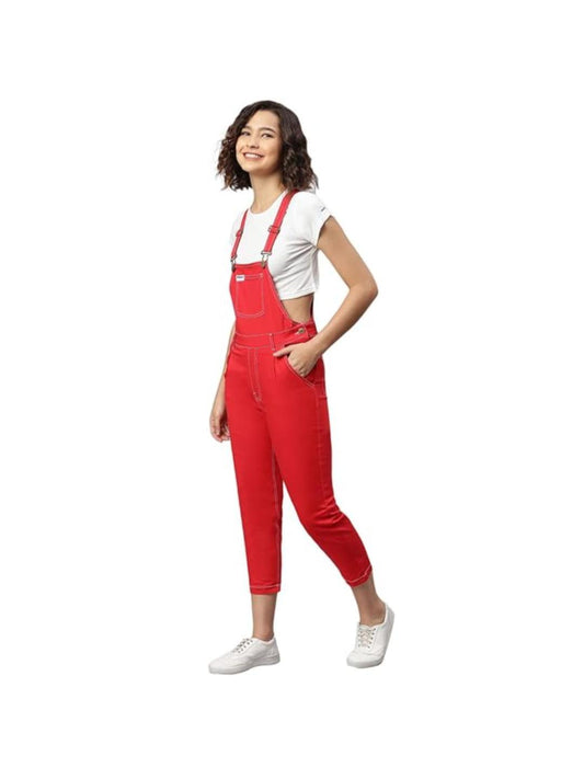 FINSBURY LONDON Red Twill Women Dungaree | Raguler Fit | Side Buttons | Adjustable Shoulder Straps |