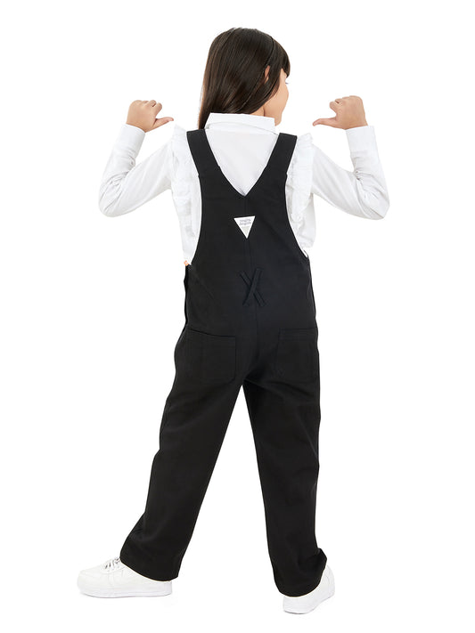 Olele® Full Length Pure Black Cotton Dungaree - Girls