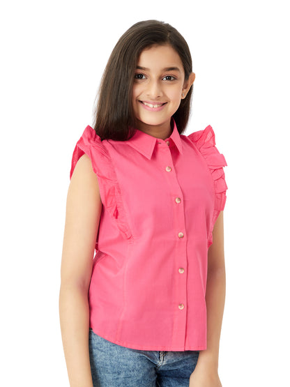 Olele® Regina Ruffle Shirt - Raspberry Pink Cotton