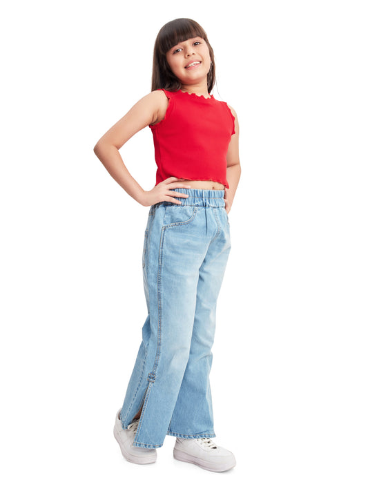 Olele® Girls Side Slit Relaxed Fit Jeans Pant - Cotton Denim