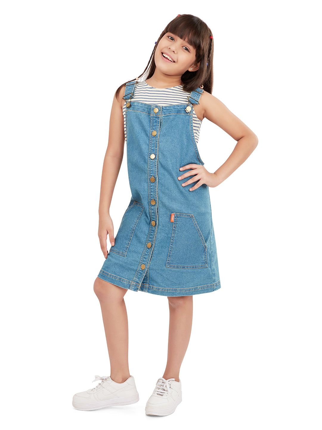 Olele® Girls Vanilla Cotton Denim Dungaree Dress Blue