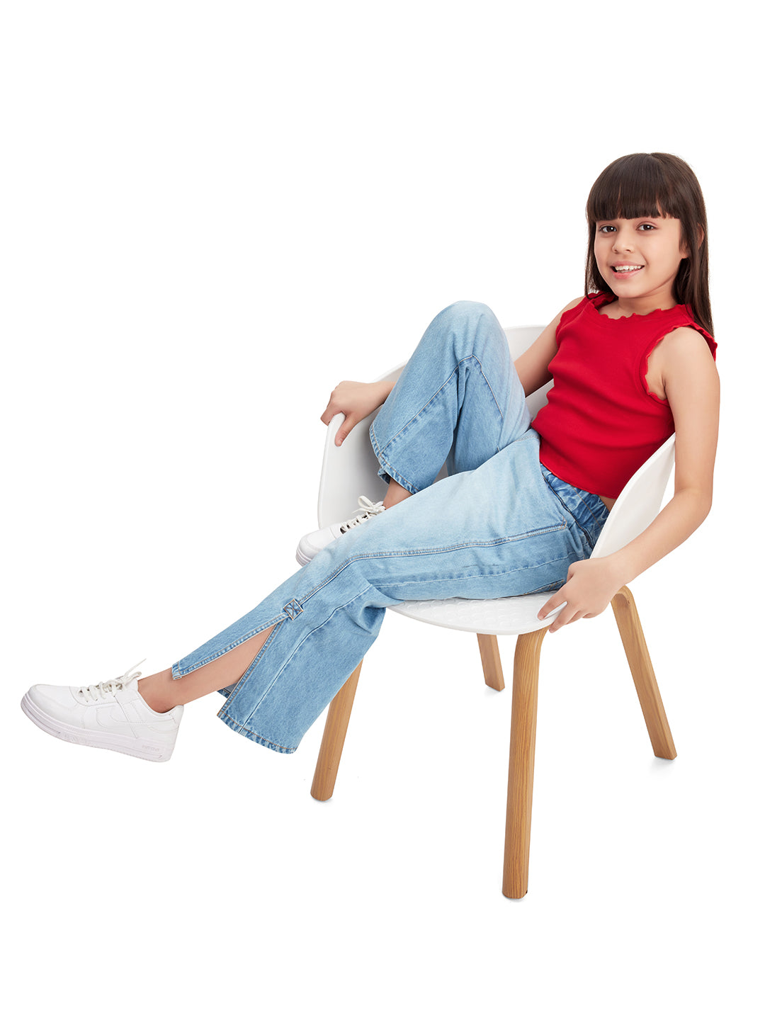 Olele® Girls Side Slit Relaxed Fit Jeans Pant - Cotton Denim