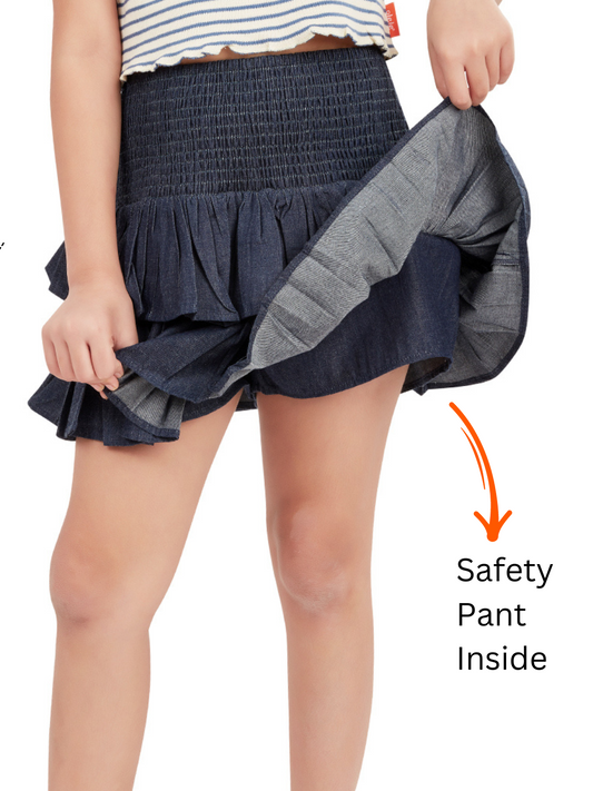 Olele® Girls Cotton Denim Smocked Skirt with Safety Pant