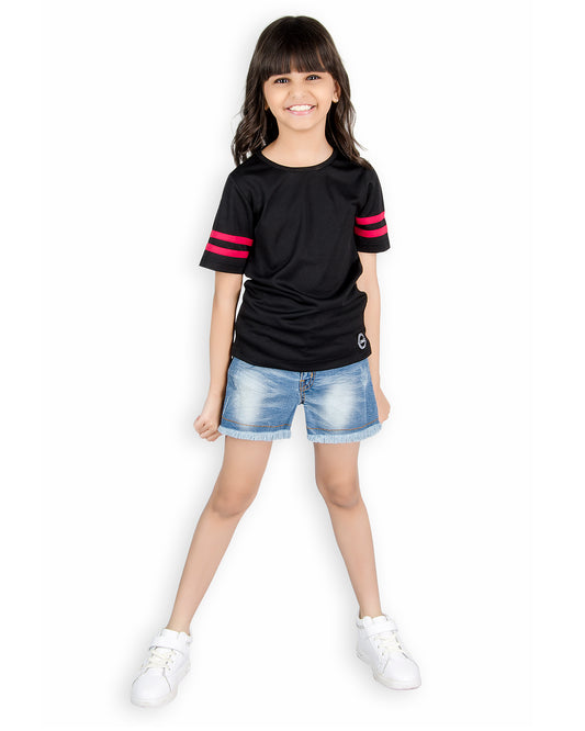 Olele® Girls Black High Low Tee with Contrast Sripe on Sleeve