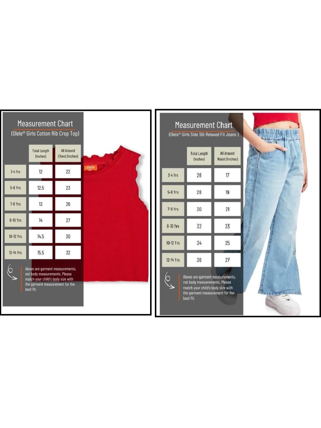 Olele® Girls Side Slit Cotton Jeans Pant + Cotton Rib Crop Top - Red (Combo)