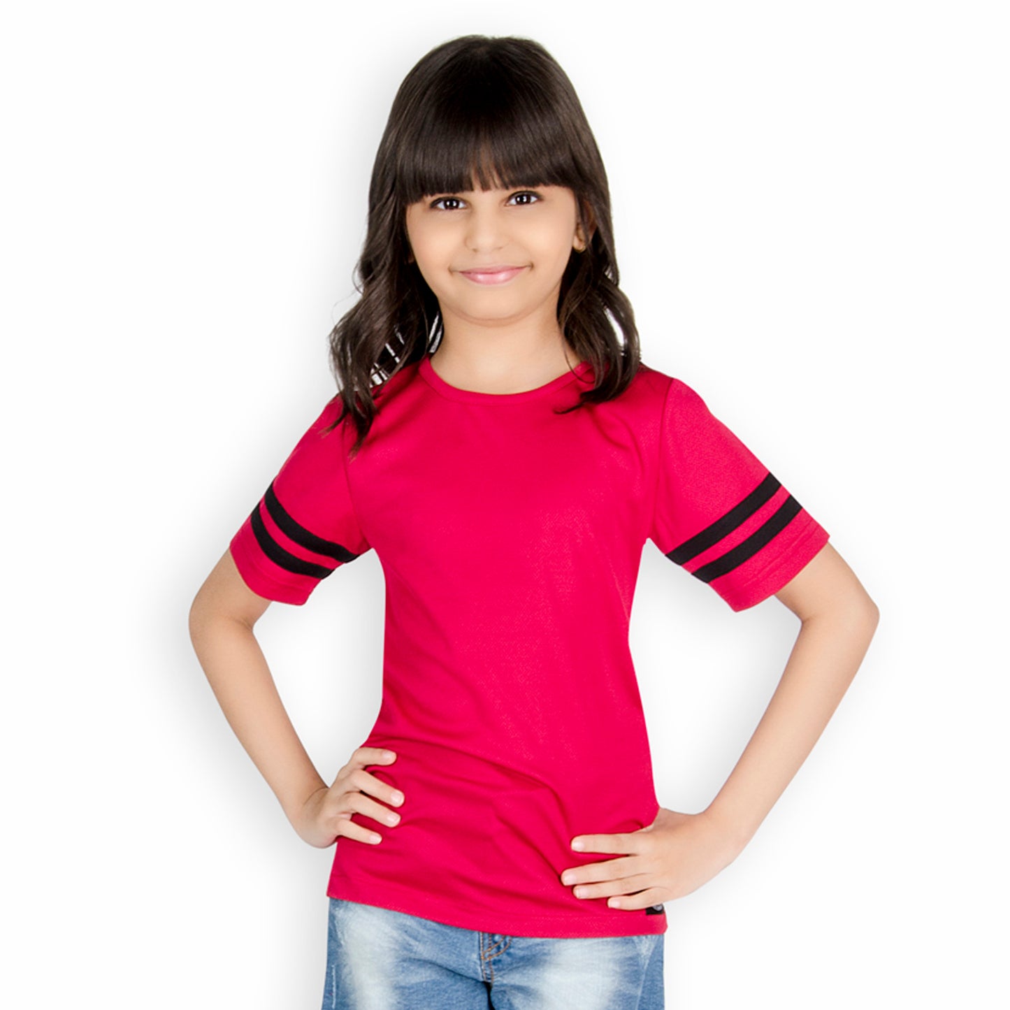 Olele® Girls Red High Low Tee with Contrast Sripe on Sleeve