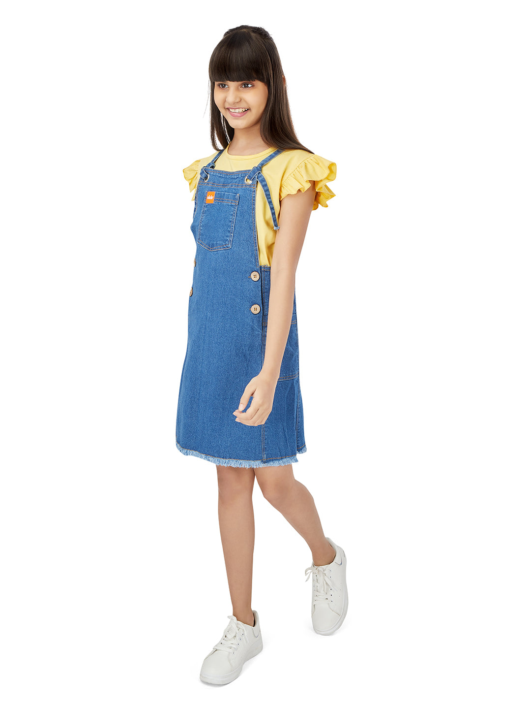 Olele® Girls Dungaree Dress - Metal Eyelets Indigo Denim