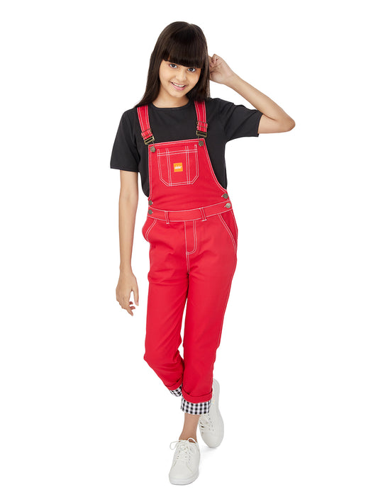 Olele® Full Length Cherry Red Twill Dungaree with Contrast Hemfold