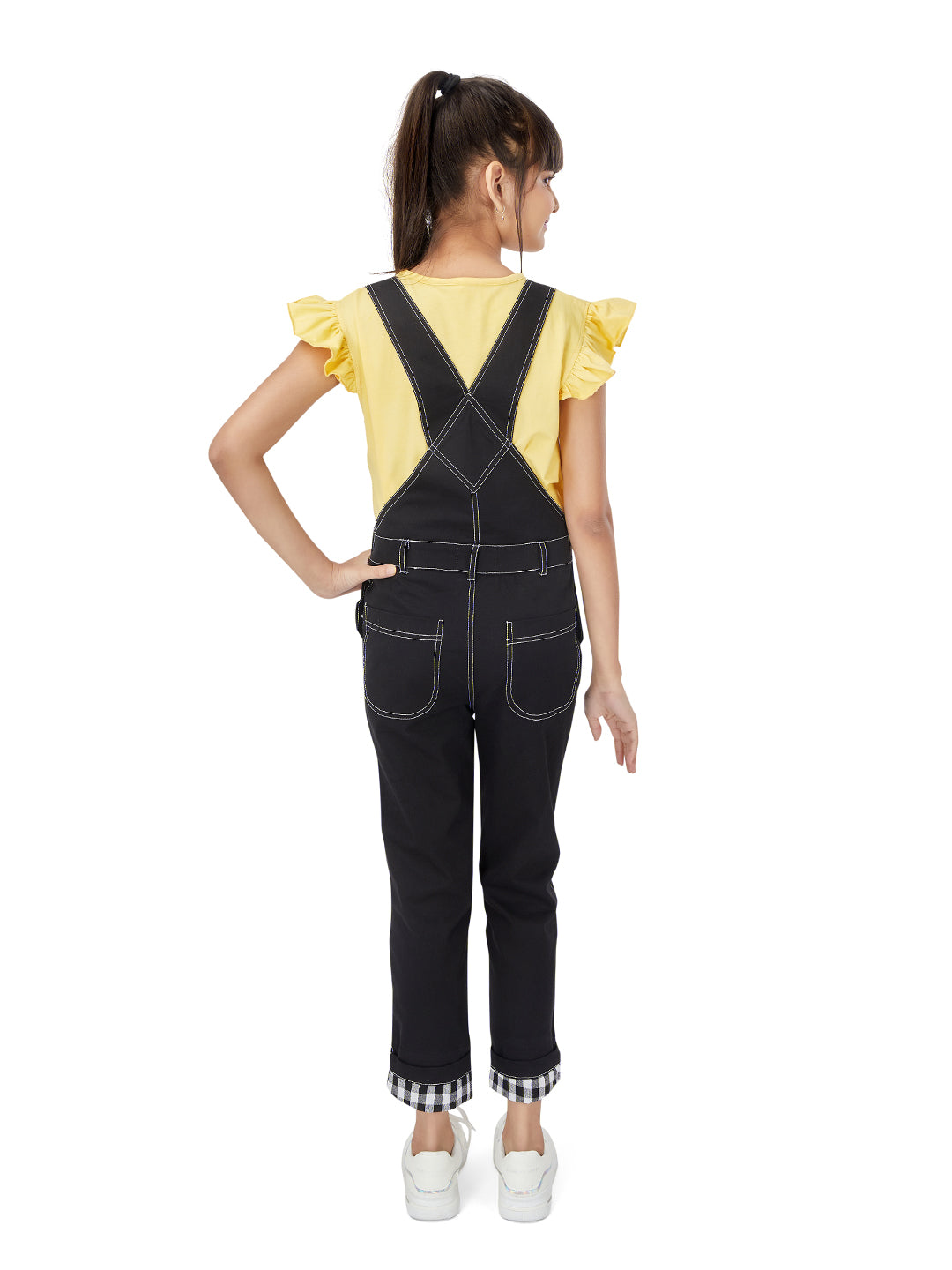 Olele® Full Length Cotton Twill Dungaree with Contrast Hemfold - Zed Black