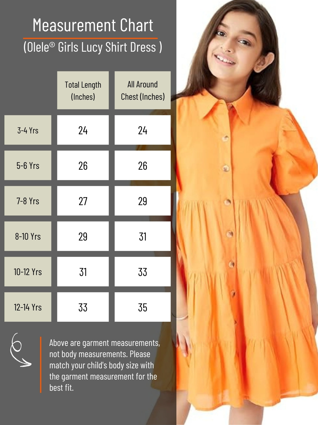 Olele® Girls Lucy Shirt Dress - Neon Orange Cotton