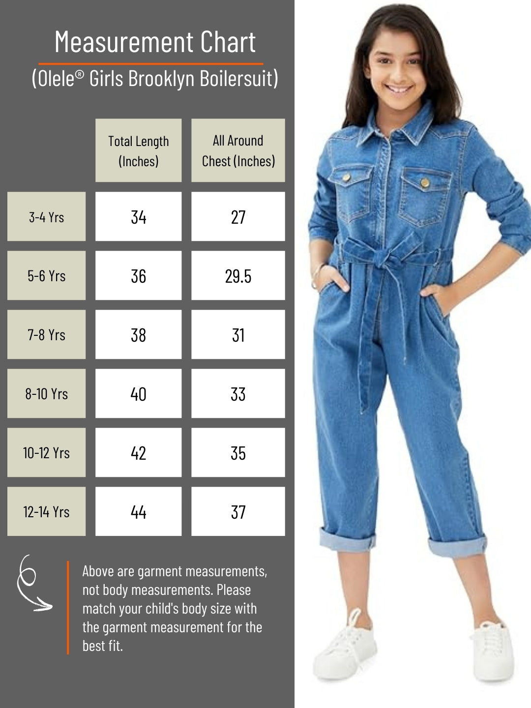 Olele® Girls Brooklyn Boiler Suit with Zipper Opening - Denim