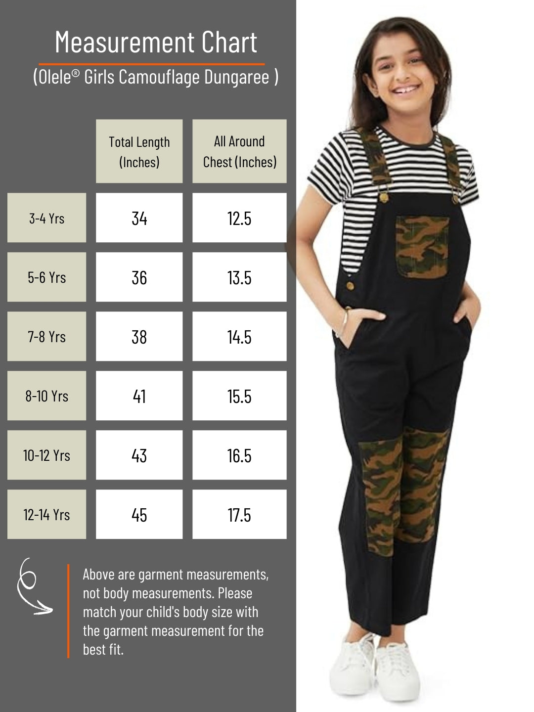 Olele® Girls Labra Cotton Twill Dungaree - Black and Camouflage