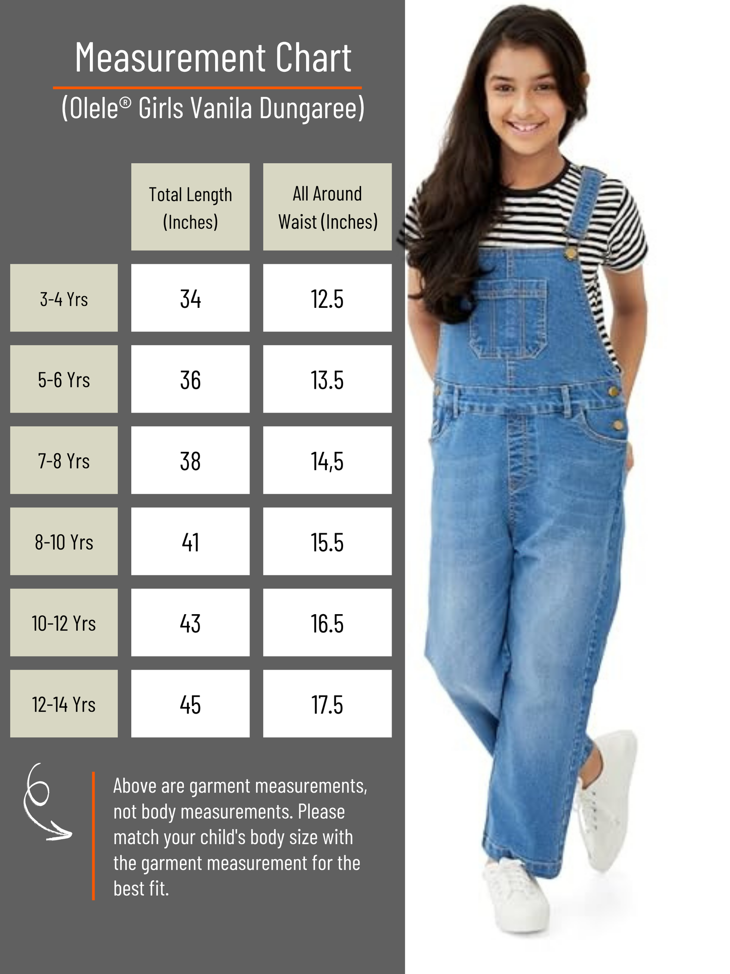Olele® Girls Full Length Vanilla Denim Dungaree for 4 to 14 Years Kid