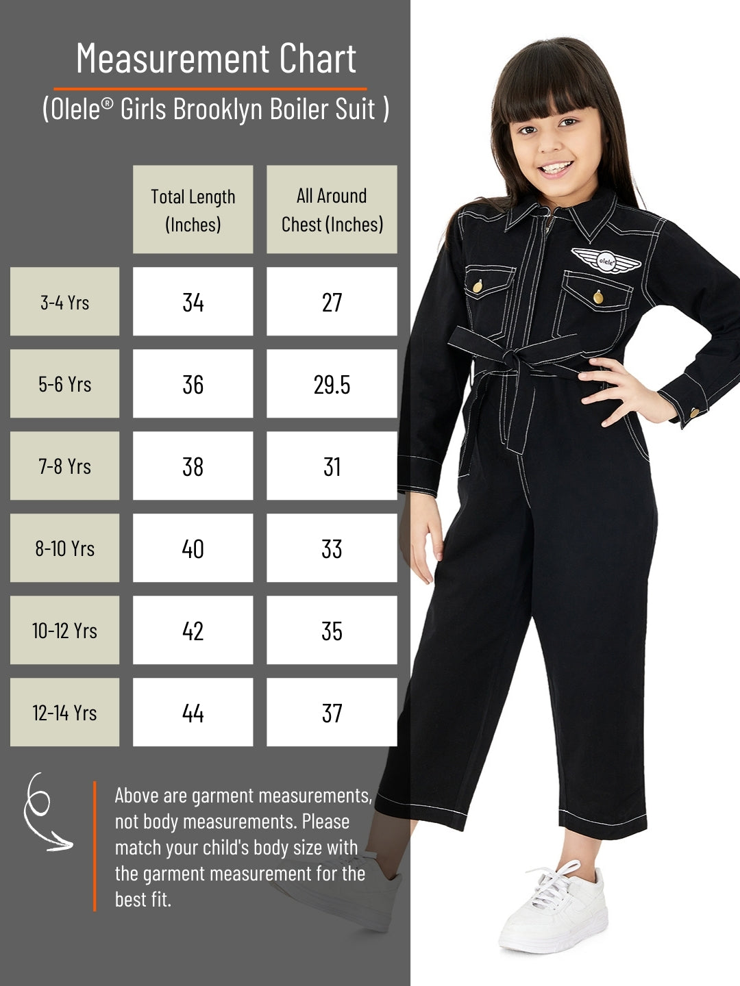 Olele® Girls Brooklyn Boiler Suit with Zipper Opening - Black Cotton
