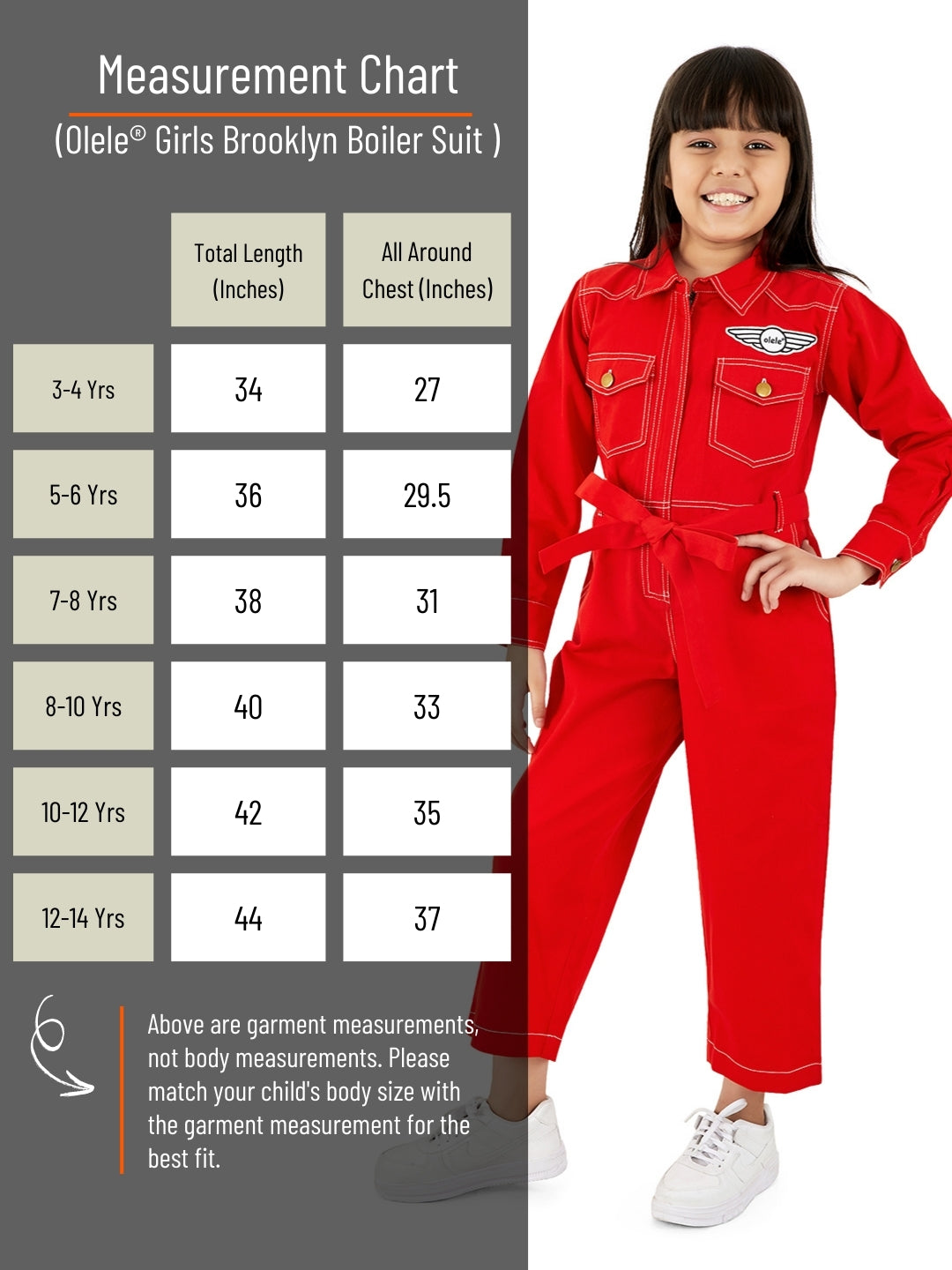 Olele® Girls Brooklyn Boiler Suit with Zipper Opening - Red Cotton