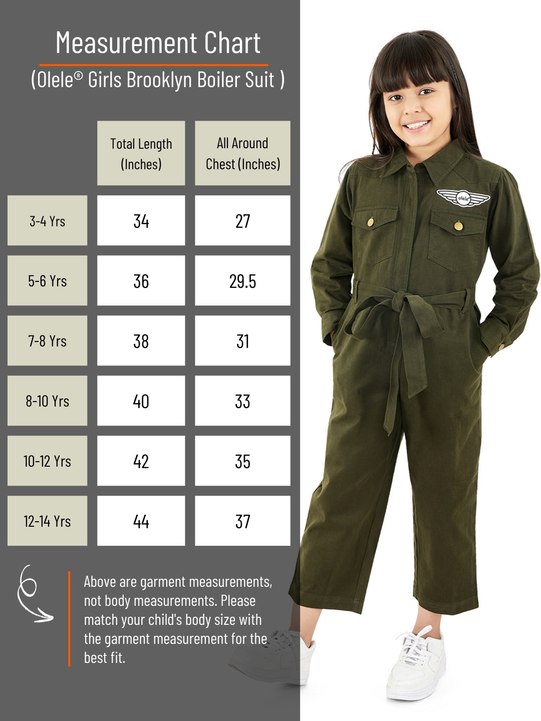 Olele® Girls Brooklyn Boiler Suit with Zipper Opening - Olive Cotton