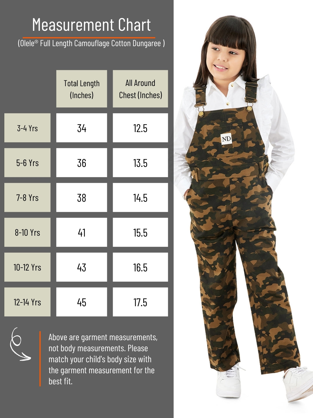 Olele® Full Length Camouflage Cotton Dungaree - Girls