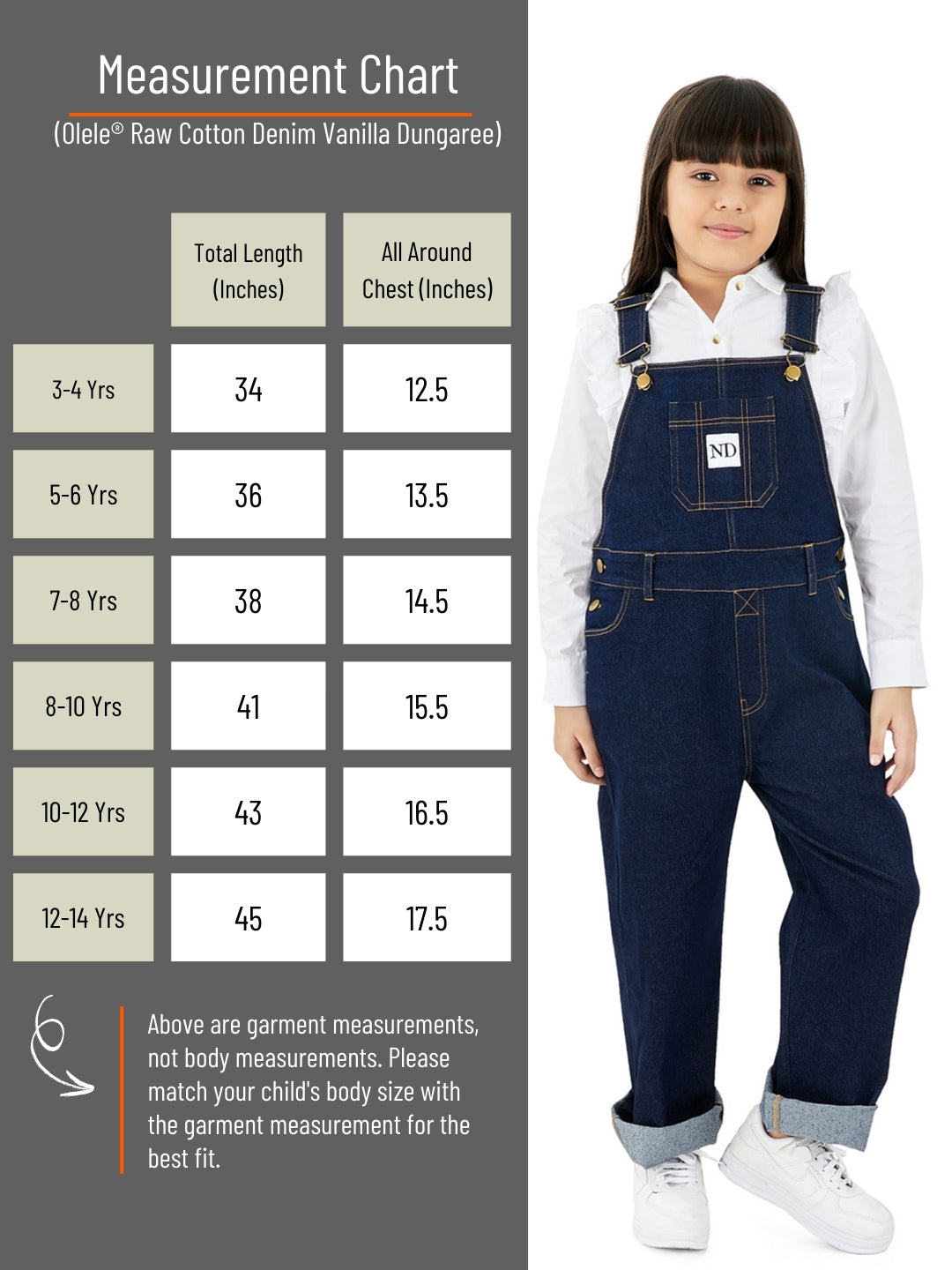 Olele® Girls Full Length Raw Cotton Denim Vanilla Dungaree