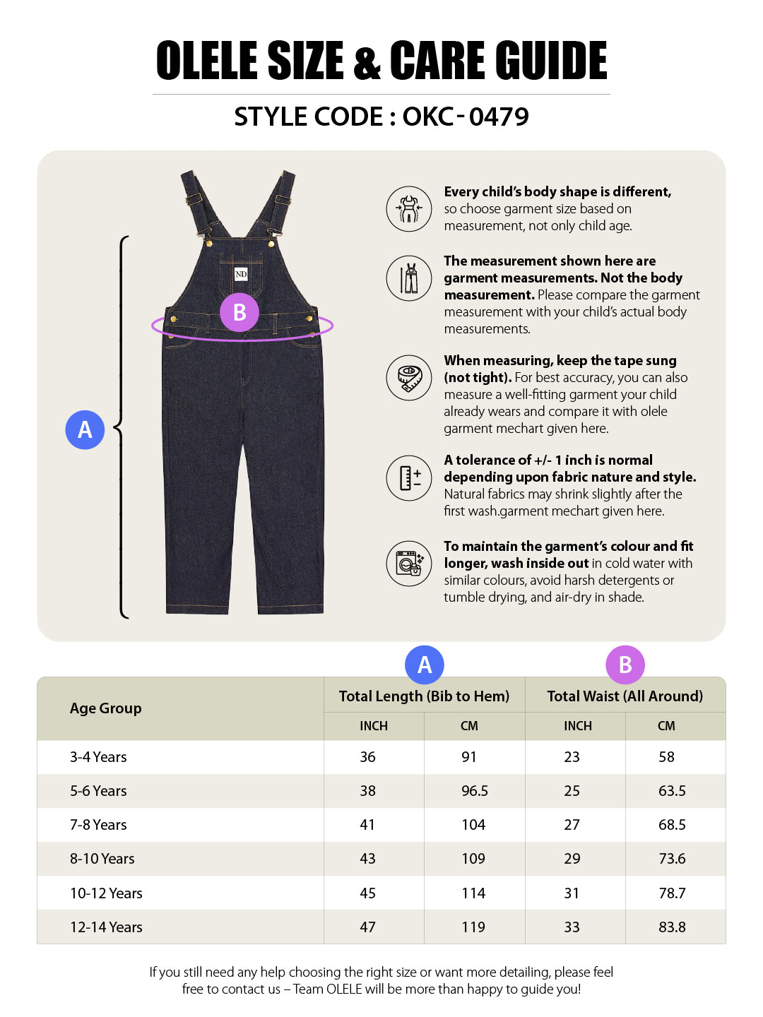 Olele® Girls Full Length Raw Cotton Denim Vanilla Dungaree