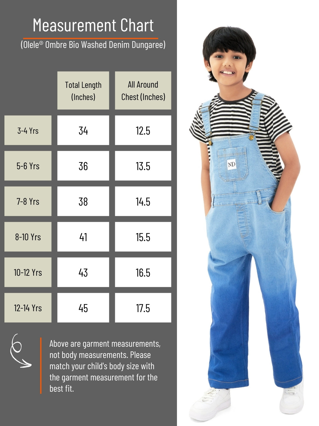 Olele® Full Length Ombre Bio Washed Cotton Denim Dungaree - Boys