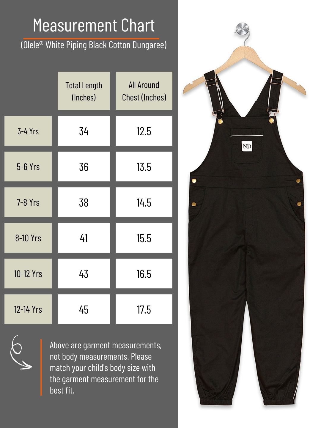 Olele® Full Length White Piping Black Cotton Dungaree - Girls