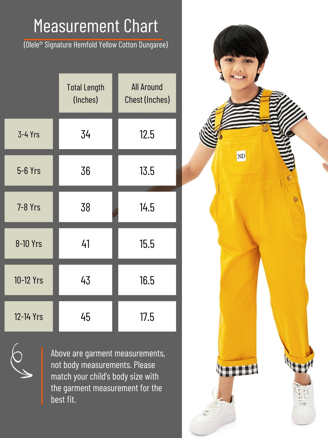 Olele® Full Length Signature Hemfold Yellow Cotton Dungaree - Boys