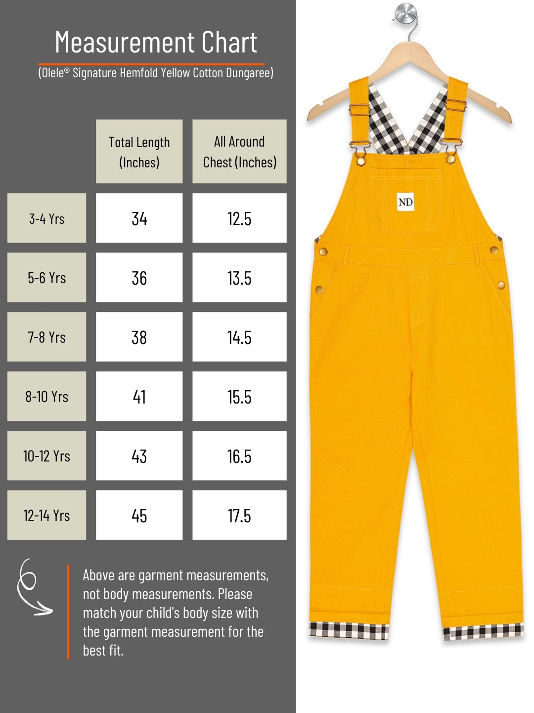 Olele® Full Length Signature Hemfold Yellow Cotton Dungaree - Girls