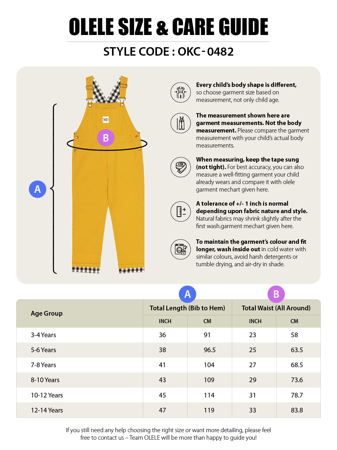 Olele® Full Length Signature Hemfold Yellow Cotton Dungaree - Boys