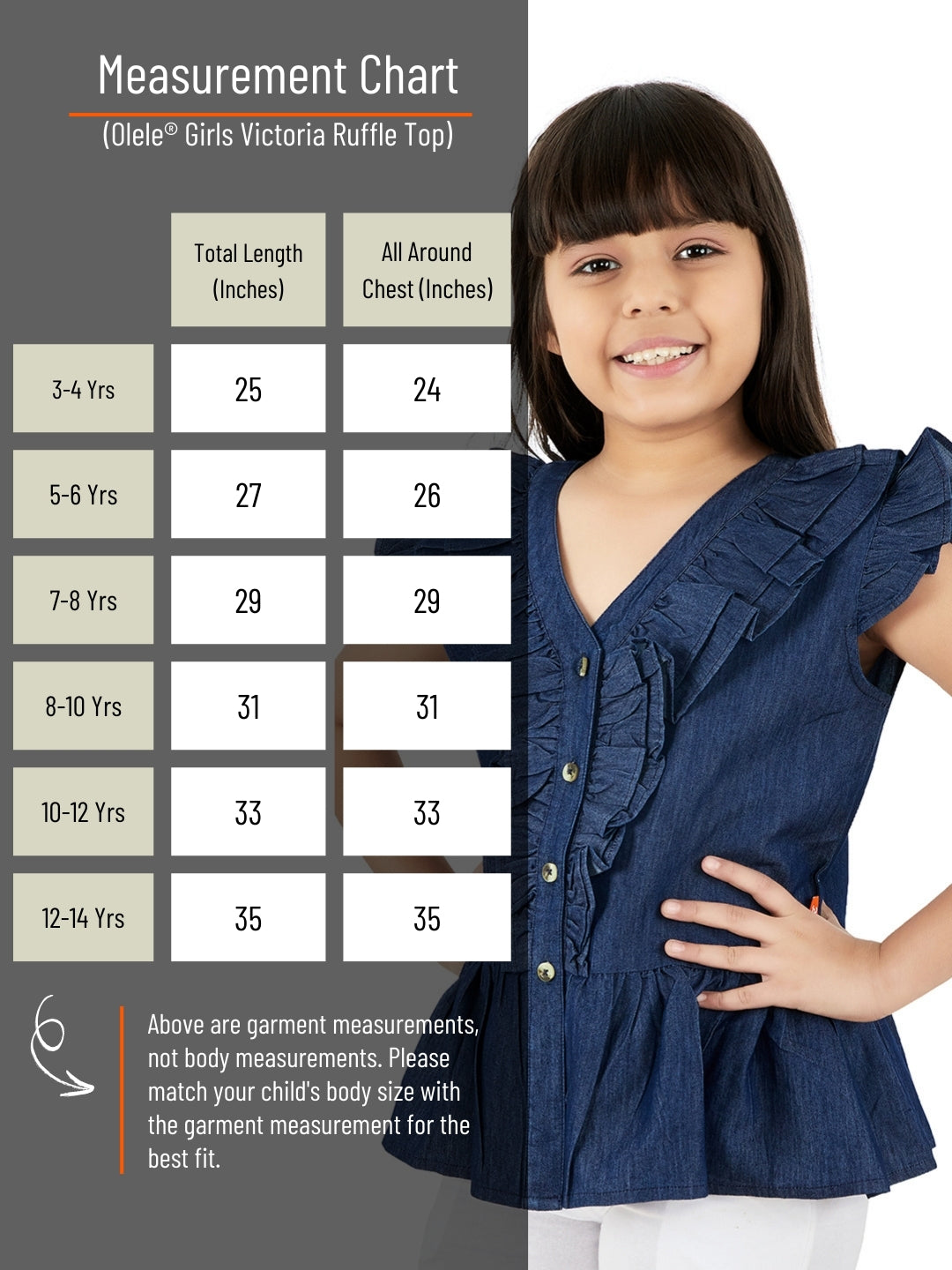Olele® Girls Victoria Ruffle Top - Light Weight Cotton Denim