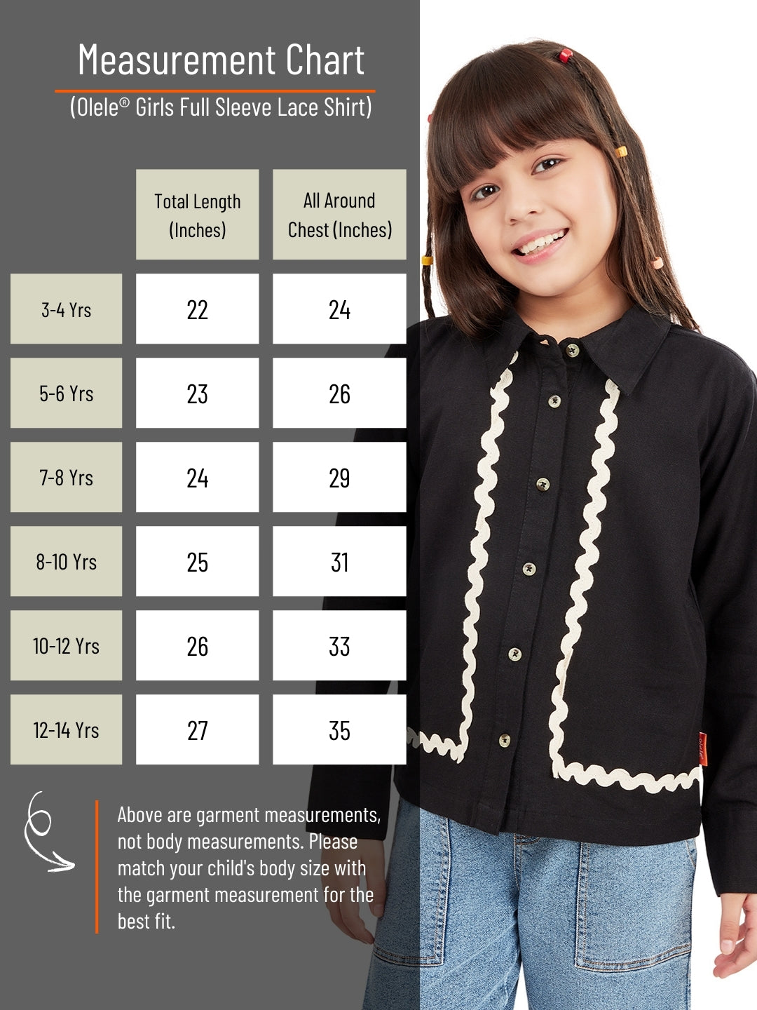 Olele® Girls Full Sleeve Linen Lace Shirt - Black