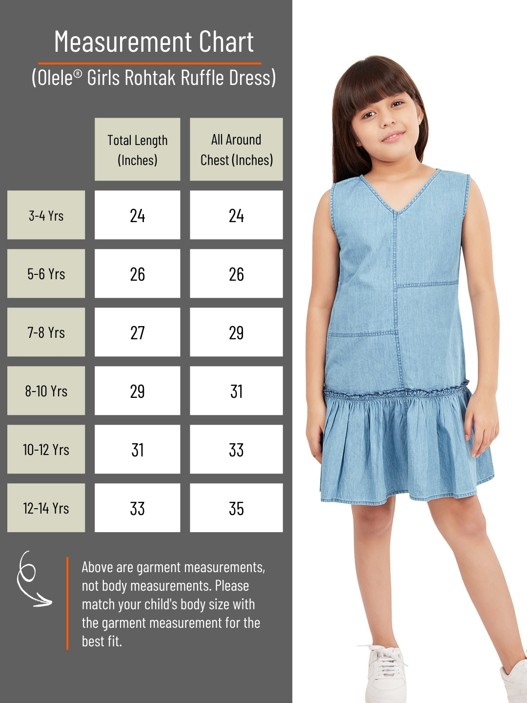 Olele® Girls Rohtak Ruffle Cotton Denim Dress - Light Blue