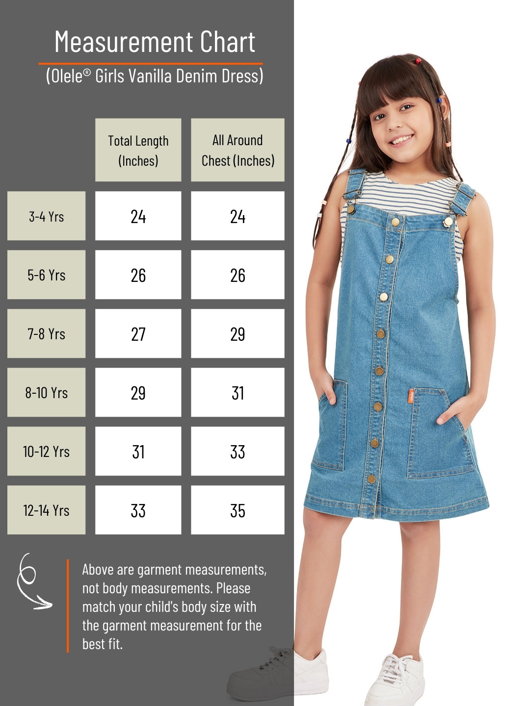 Olele® Girls Vanilla Cotton Denim Dungaree Dress - Blue