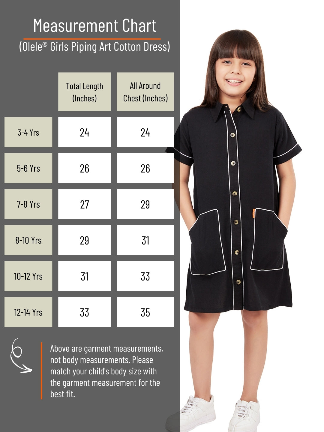 Olele® Girls Piping Art Cotton Short Sleeves Shirt Dress - Black