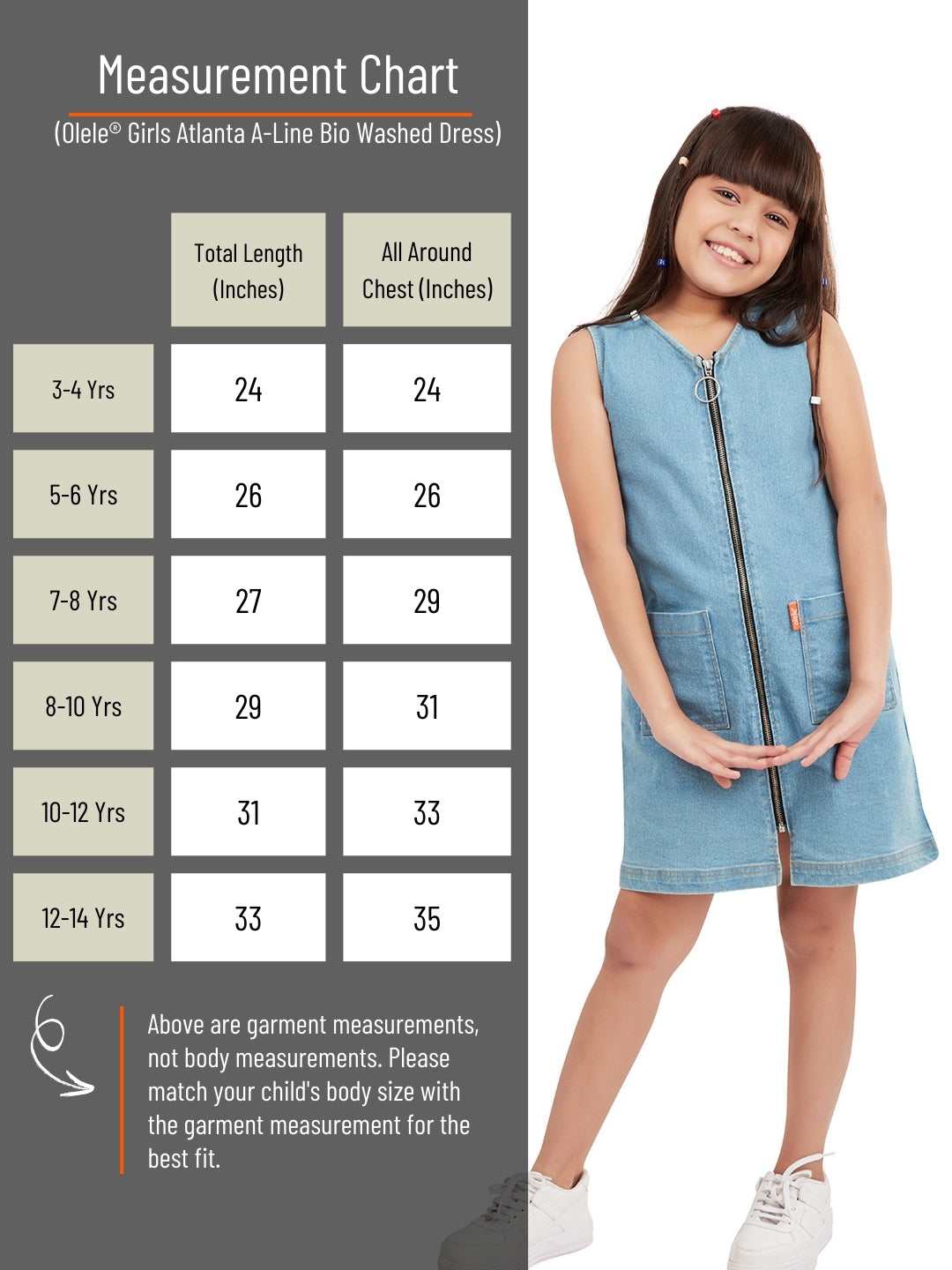 Olele® Girls Atlanta A-Line Bio Washed Cotton Denim Dress with Metal Zipper Opening - Light Blue