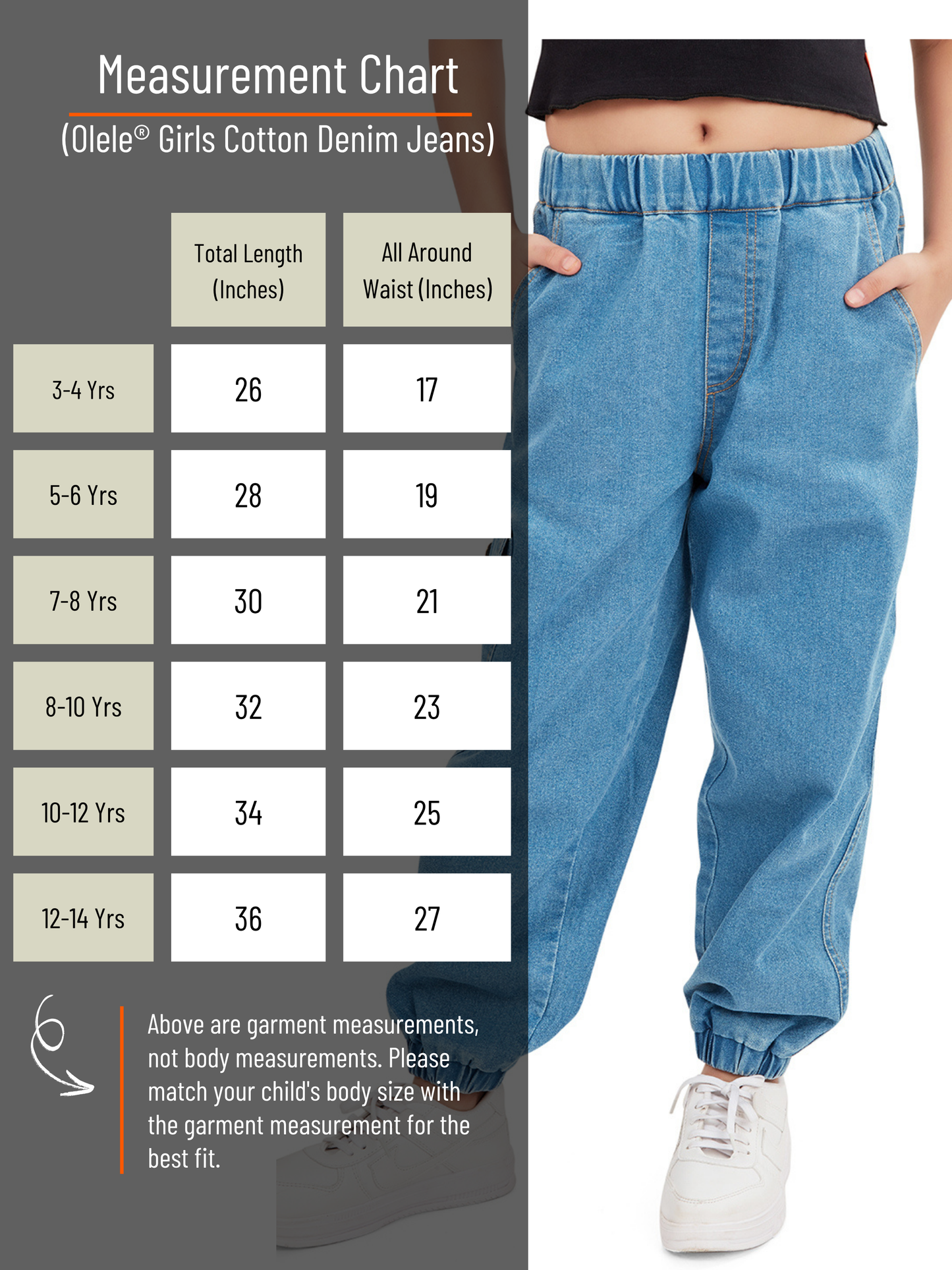 Olele® Girls Jackson Joggers Cotton Denim Jeans (Elasticated Waist) - Indigo Blue