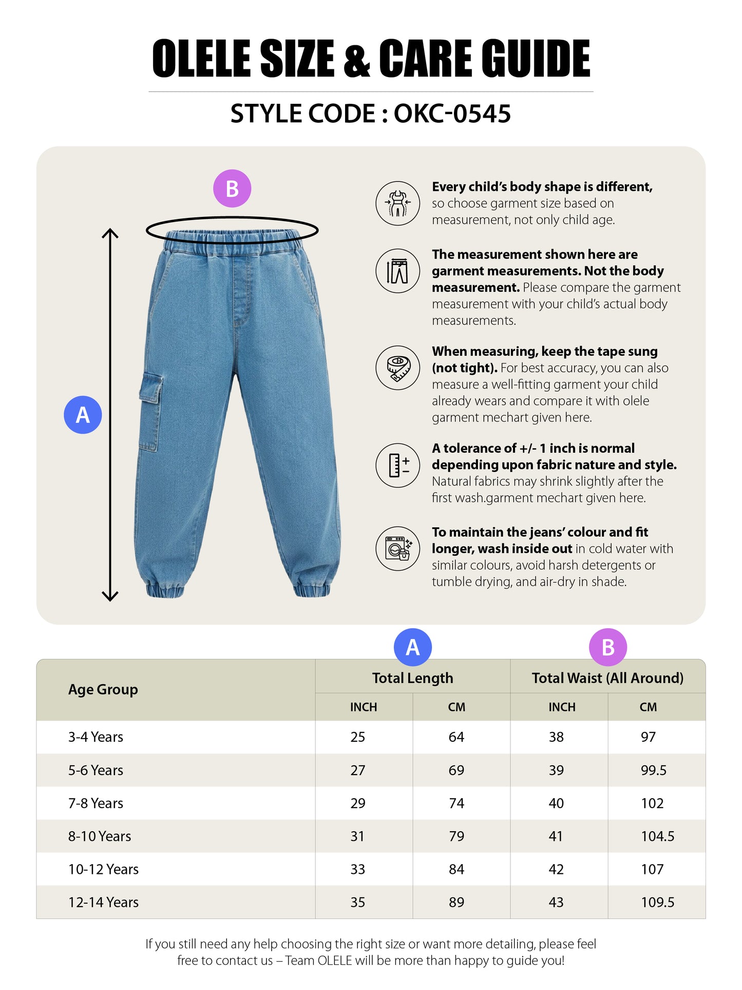 Olele® Girls Jackson Joggers Cotton Denim Jeans (Elasticated Waist) - Indigo Blue